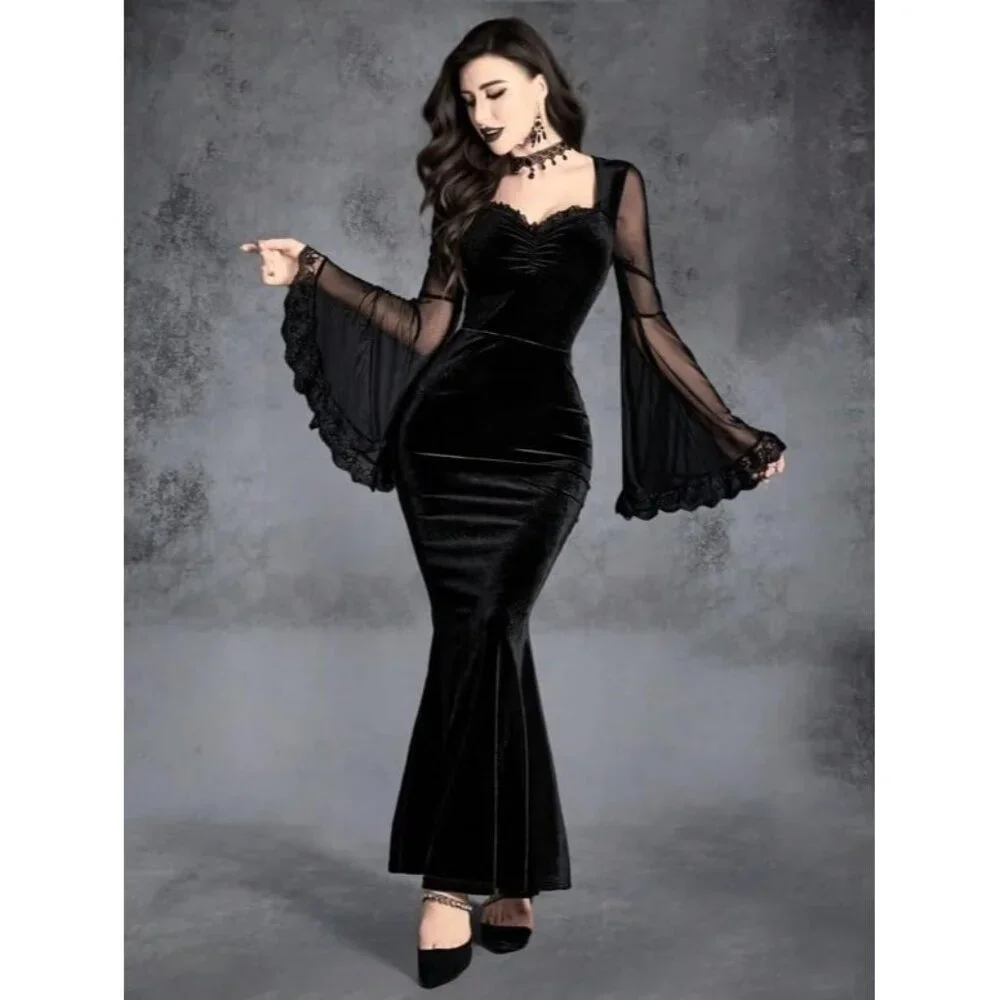 Luxurious Gothic Dress: Velvet Flounce Sleeve with Sweetheart Neck, Size Small - Picture 2 of 7